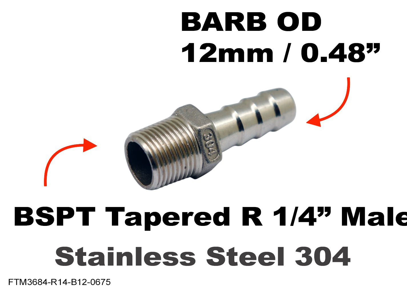 BSPT Tapered R 1/4 inch Male to BARB OD 12mm / 0.48 inch Stainless Tail Adaptor Hose