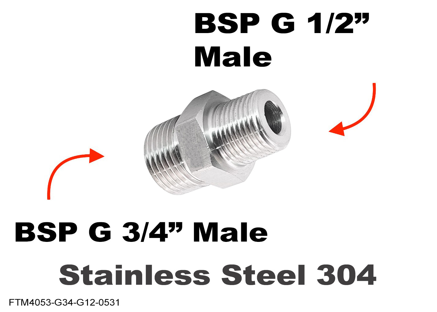 BSP G 3/4 inch Male to BSP G 1/2 inch Male Stainless Sensor Adaptor Fittings Conversion