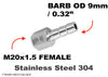 M20x1.5 FEMALE to BARB OD 9mm / 0.32 inch Stainless Tail Adaptor Hose Connector