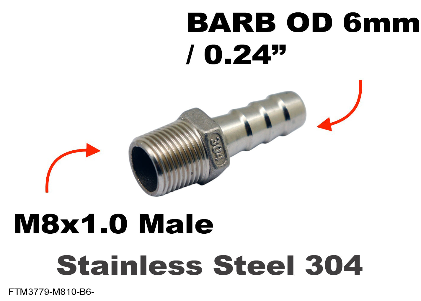 M8x1.0 Male to BARB OD 6mm / 0.24 inch Stainless Tail Adaptor Hose Connector