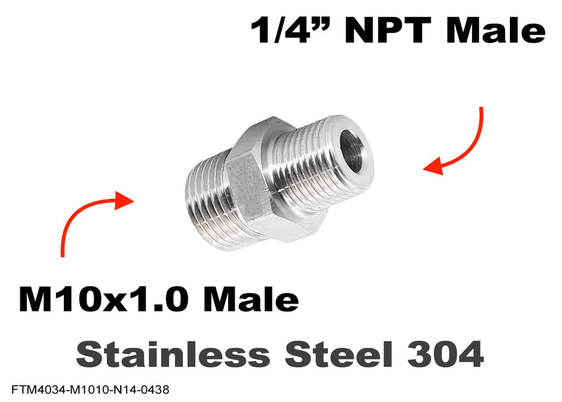 M10x1.0 Male to 1/4 inch NPT Male Stainless Sensor Adaptor Fittings Conversion