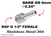 BSP G 1/2 inch FEMALE to BARB OD 6mm / 0.24 inch Stainless Tail Adaptor Hose Connector