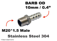 M20*1.5 MALE to BARB OD 10mm / 0.4 inch  Stainless Tail Adaptor Hose