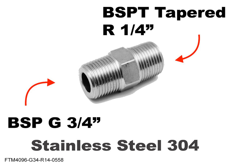 BSP G 3/4 inch Male to BSPT Tapered R 1/4 inch Male Stainless Sensor Adaptor Fittings