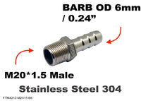 M20*1.5 MALE to BARB OD 6mm / 0.24 inch  Stainless Tail Adaptor Hose