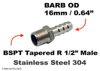 BSPT Tapered R 1/2 inch MALE to BARB OD 16mm / 0.64 inch Stainless Tail Adaptor Hose