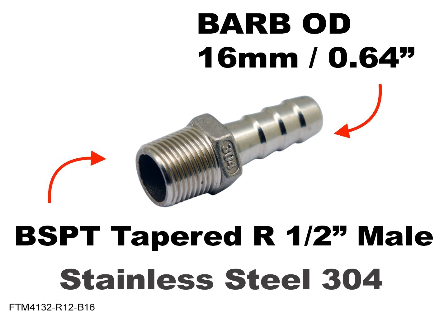 BSPT Tapered R 1/2 inch MALE to BARB OD 16mm / 0.64 inch Stainless Tail Adaptor Hose
