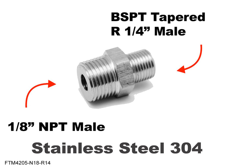 1/8 inch NPT Male to BSPT Tapered R 1/4 inch Male Stainless Sensor Adaptor Fittings
