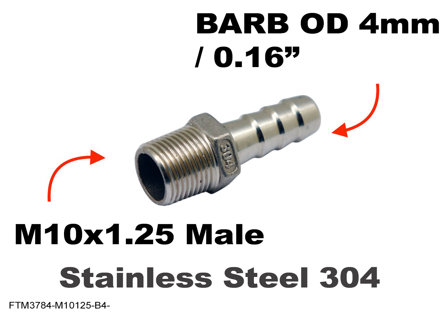 M10x1.25 Male to BARB OD 4mm / 0.16 inch Stainless Tail Adaptor Hose Connector