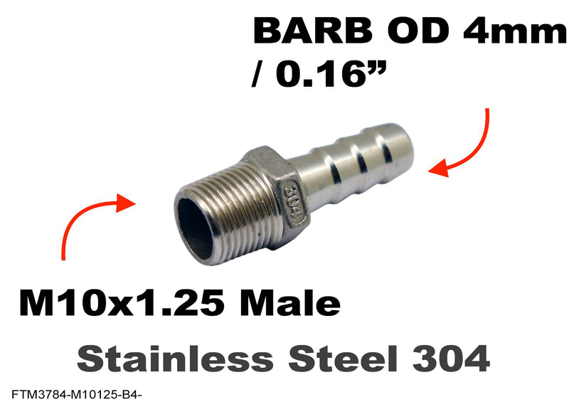 M10x1.25 Male to BARB OD 4mm / 0.16 inch Stainless Tail Adaptor Hose Connector