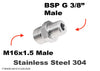 M16x1.5 Male to BSP G 3/8 inch Male Stainless Sensor Adaptor Fittings Conversion