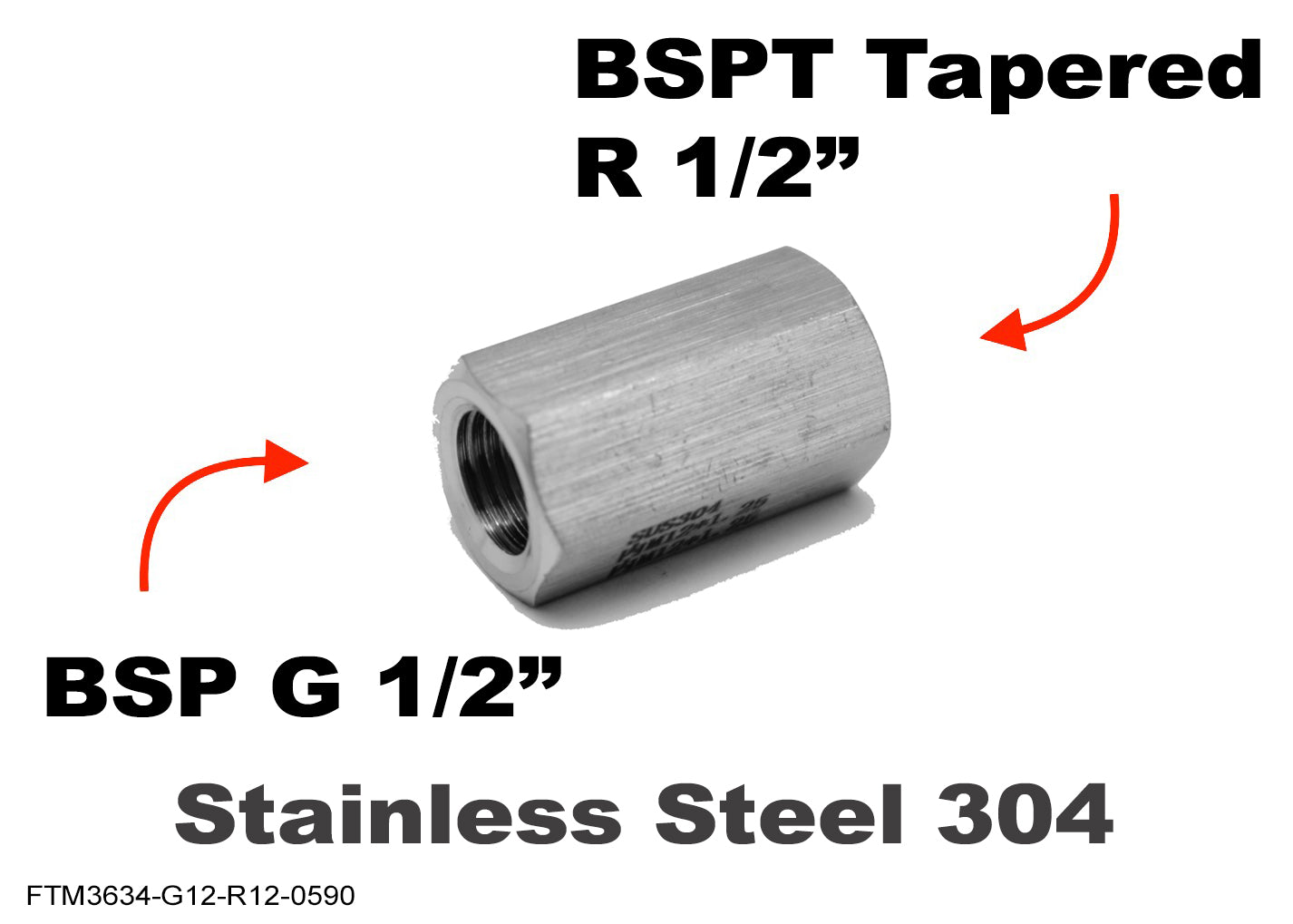 BSP G 1/2 inch Female to BSPT Tapered R 1/2 inch Female Stainless Sensor Adaptor Fitting