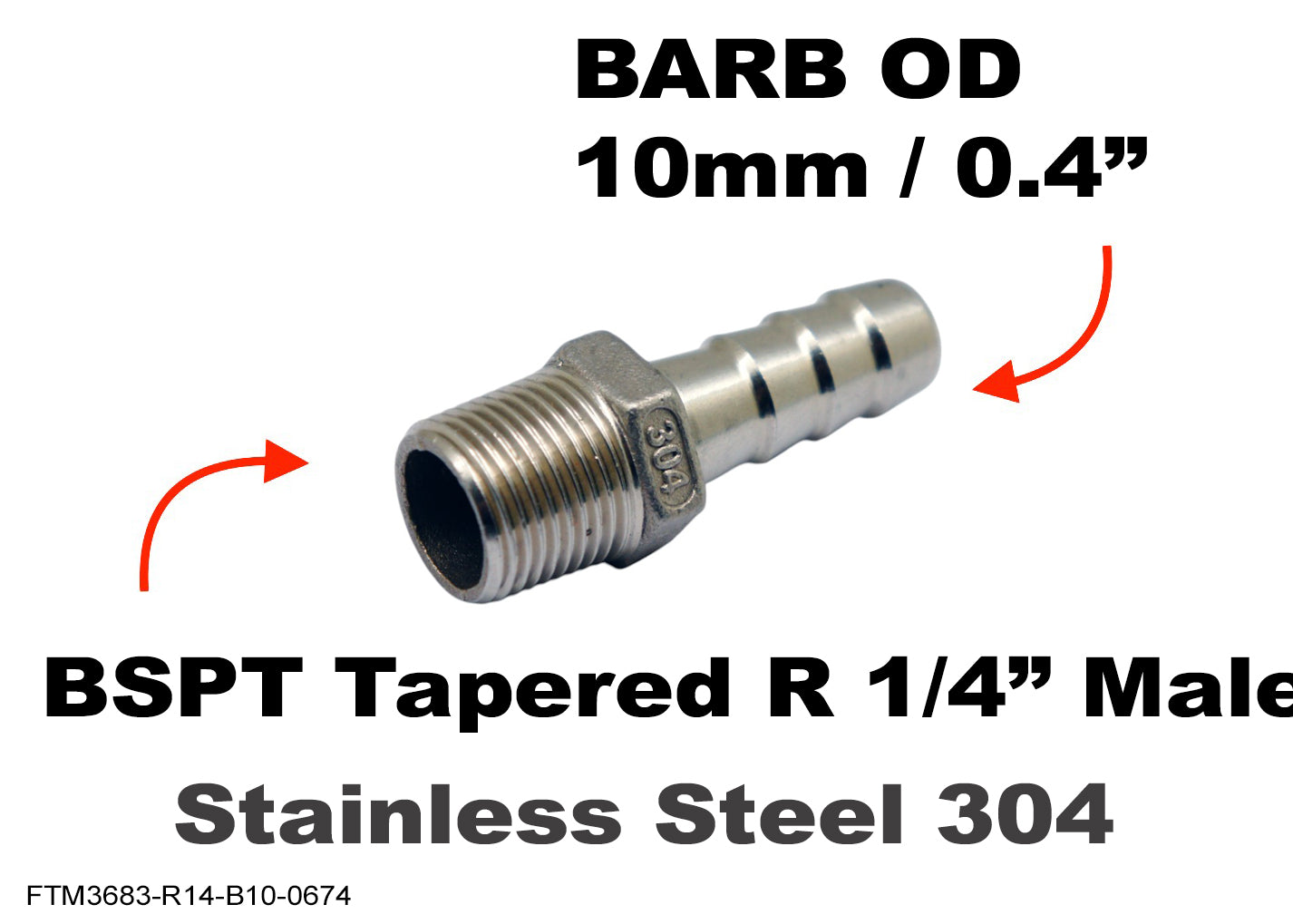 BSPT Tapered R 1/4 inch Male to BARB OD 10mm / 0.4 inch Stainless Tail Adaptor Hose