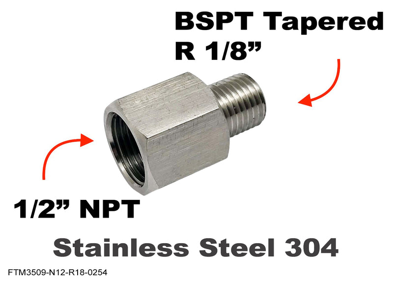 1/2 inch NPT Female to BSPT Tapered R 1/8 inch Male Stainless Sensor Adaptor Fittings