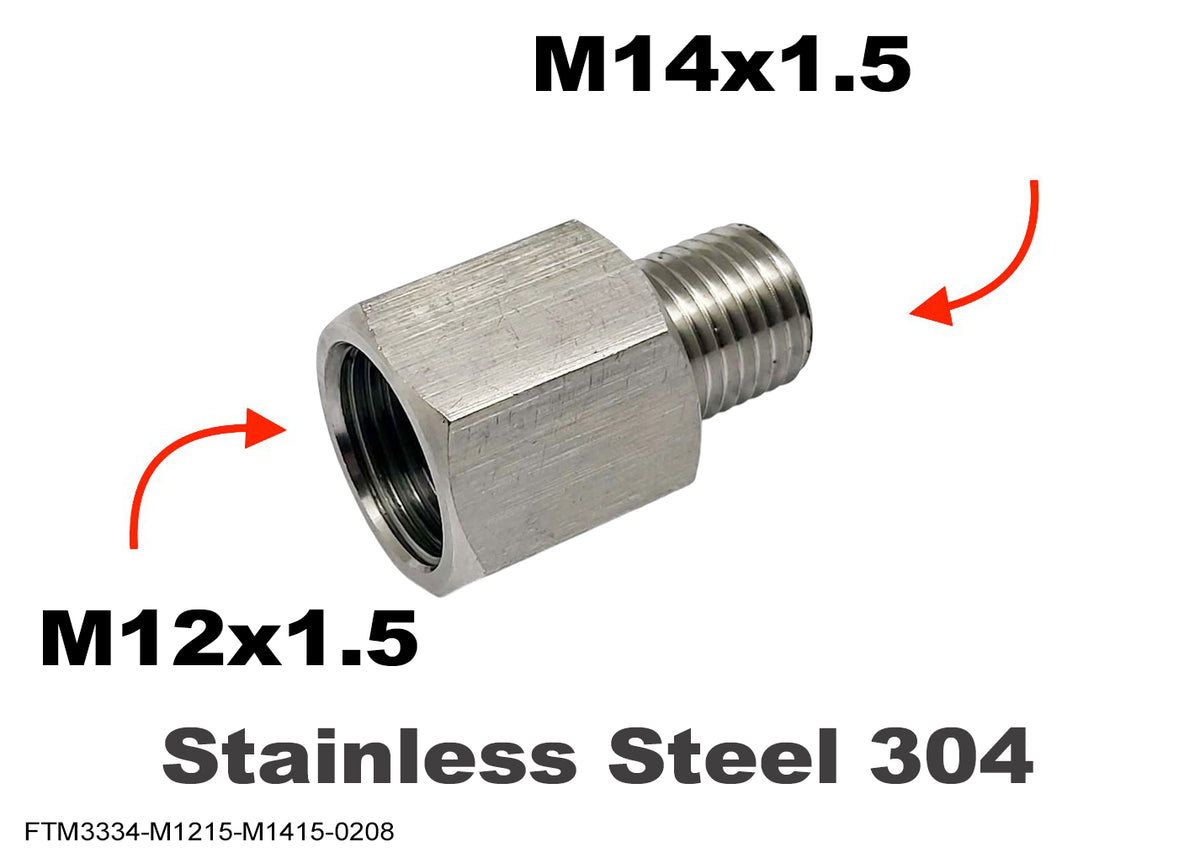 Stainless steel M12x1.5 female to M14x1.5 male sensor adaptor fitting for automotive conversions by MC Motoparts