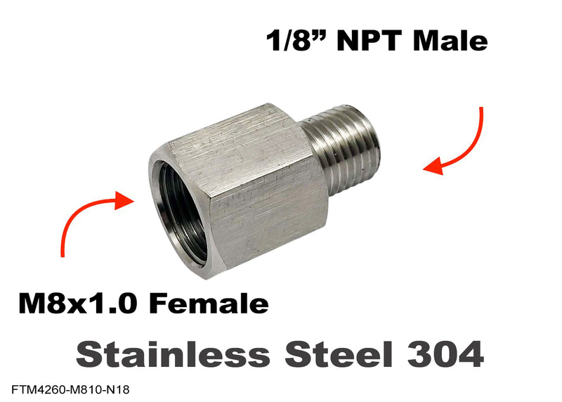 M8x1.0 Female to 1/8 inch NPT Male Stainless Sensor Adaptor Fittings Conversion