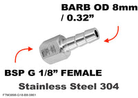 BSP G 1/8 inch FEMALE to BARB OD 8mm / 0.32 inch Stainless Tail Adaptor Hose Connector