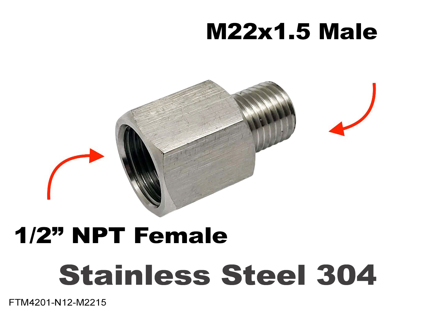 1/2 inch NPT Female to M22x1.5 Male Stainless Sensor Adaptor Fittings Conversion