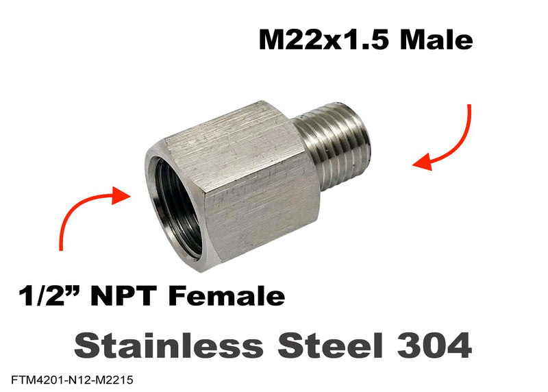 1/2 inch NPT Female to M22x1.5 Male Stainless Sensor Adaptor Fittings Conversion