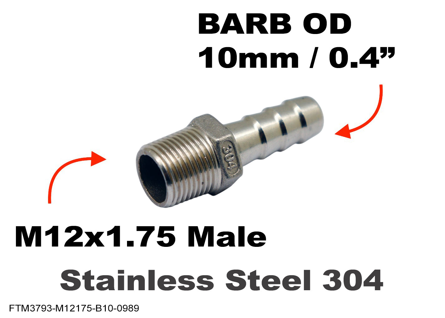 M12x1.75 Male to BARB OD 10mm / 0.4 inch Stainless Tail Adaptor Hose Connector