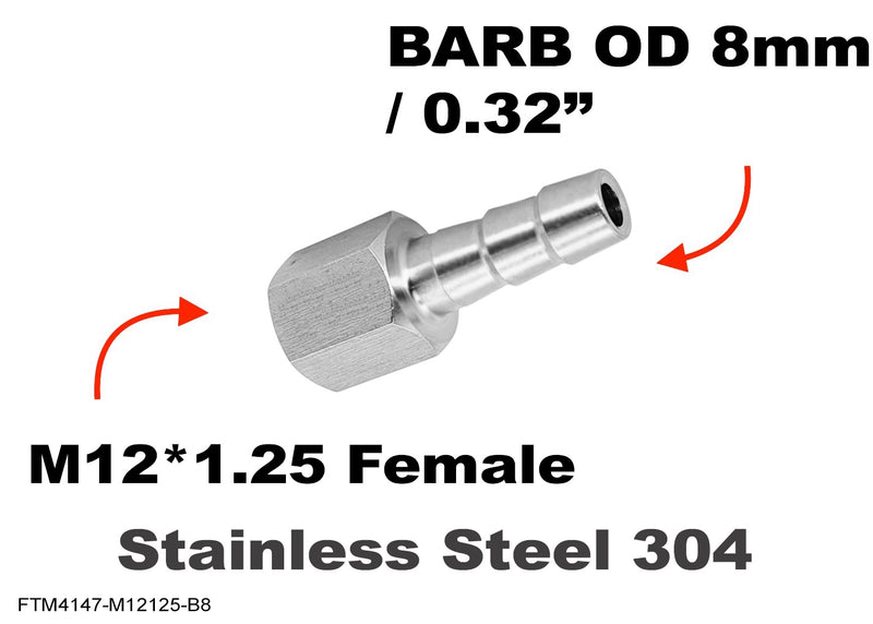 M12*1.25 FEMALE to BARB OD 8mm / 0.32 inch  Stainless Tail Adaptor Hose Connector