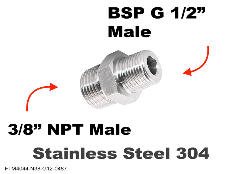 3/8 inch NPT Male to BSP G 1/2 inch Male Stainless Sensor Adaptor Fittings Conversion