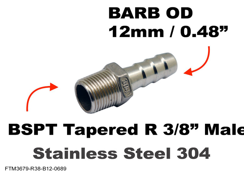 BSPT Tapered R 3/8 inch Male to BARB OD 12mm / 0.48 inch Stainless Tail Adaptor Hose