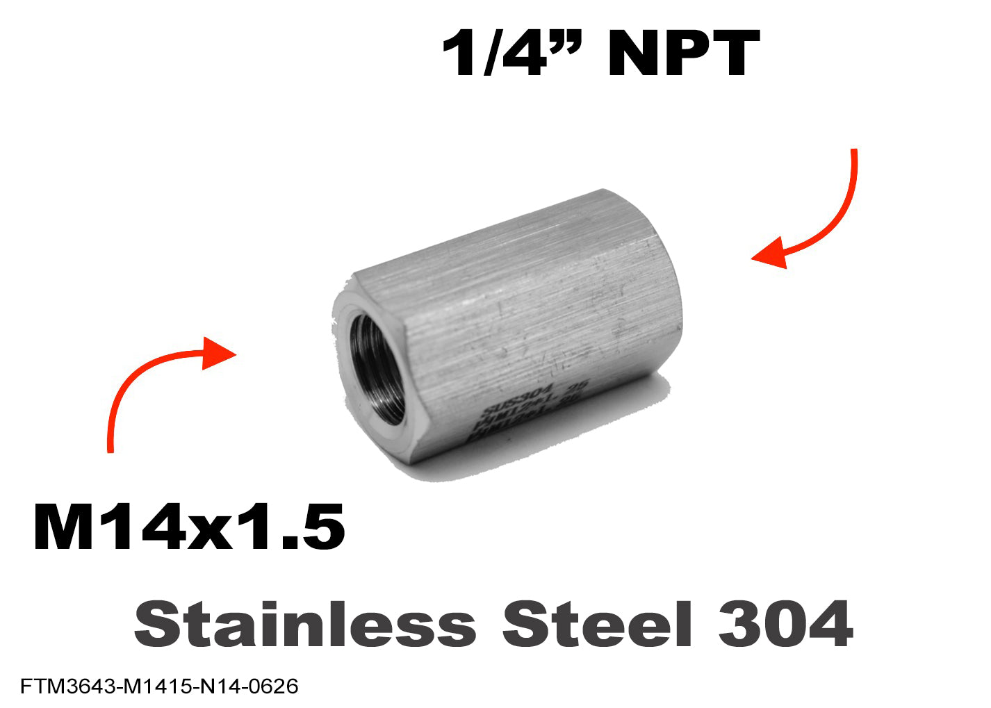 M14x1.5 Female to 1/4 inch NPT Female Stainless Sensor Adaptor Fittings Conversion