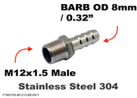 M12x1.5 Male to BARB OD 8mm / 0.32 inch Stainless Tail Adaptor Hose Connector