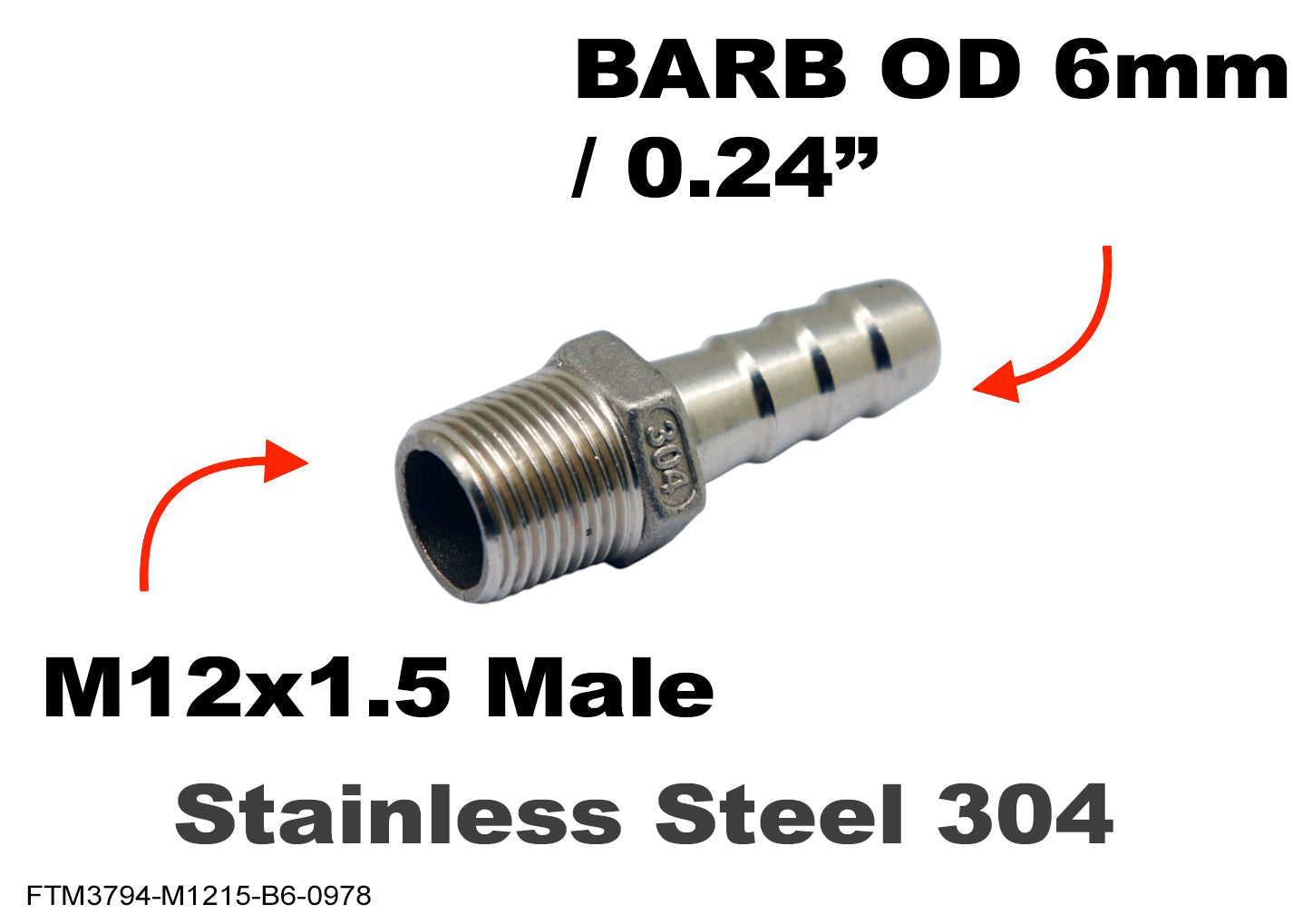 M12x1.5 Male to BARB OD 6mm / 0.24 inch Stainless Tail Adaptor Hose Connector