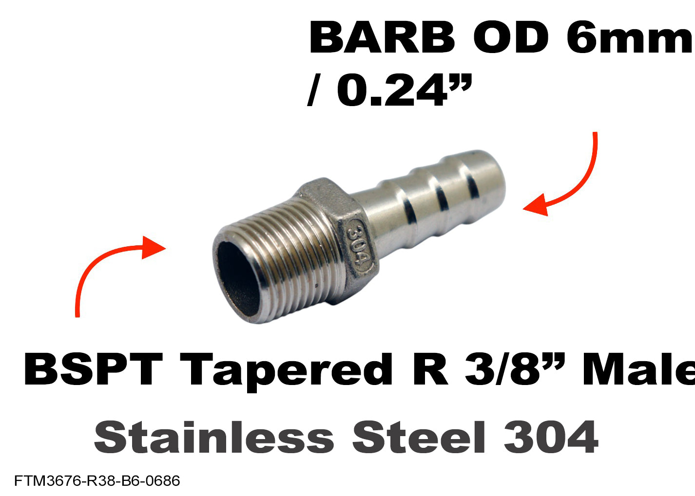 BSPT Tapered R 3/8 inch Male to BARB OD 6mm / 0.24 inch Stainless Tail Adaptor Hose