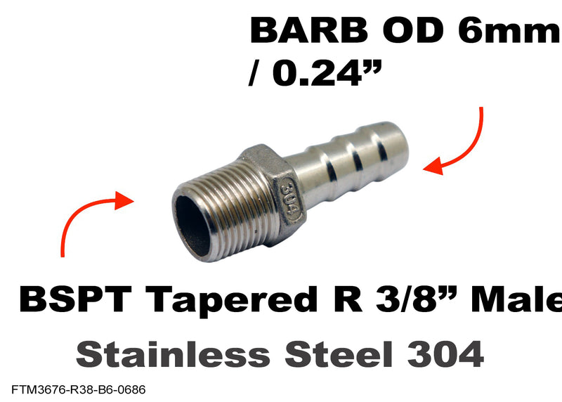BSPT Tapered R 3/8 inch Male to BARB OD 6mm / 0.24 inch Stainless Tail Adaptor Hose
