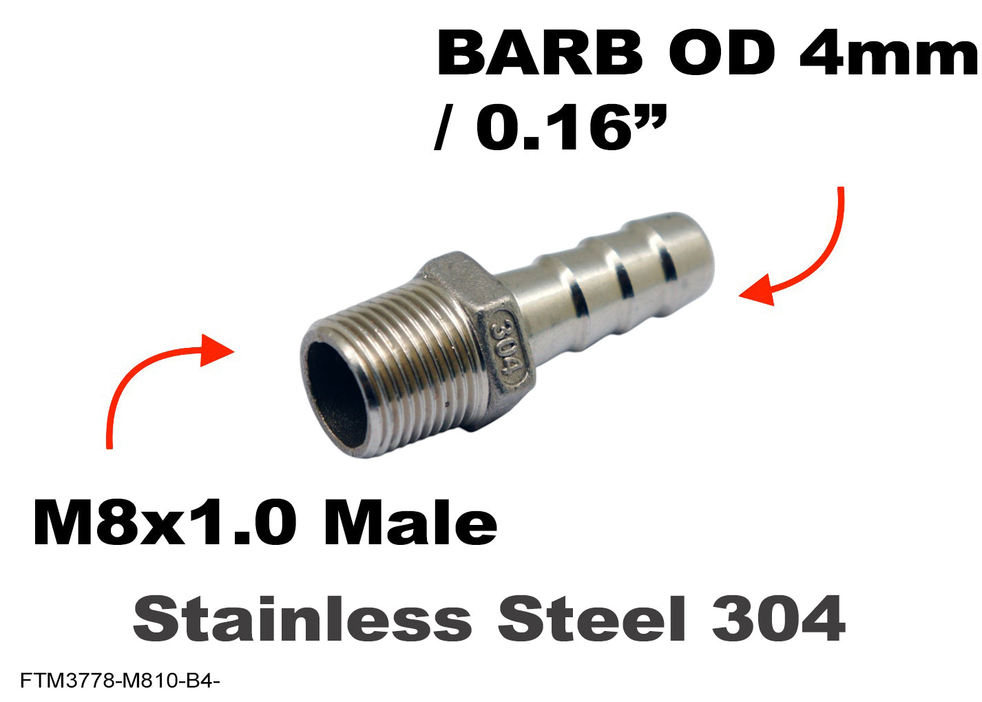 M8x1.0 Male to BARB OD 4mm / 0.16 inch Stainless Tail Adaptor Hose Connector