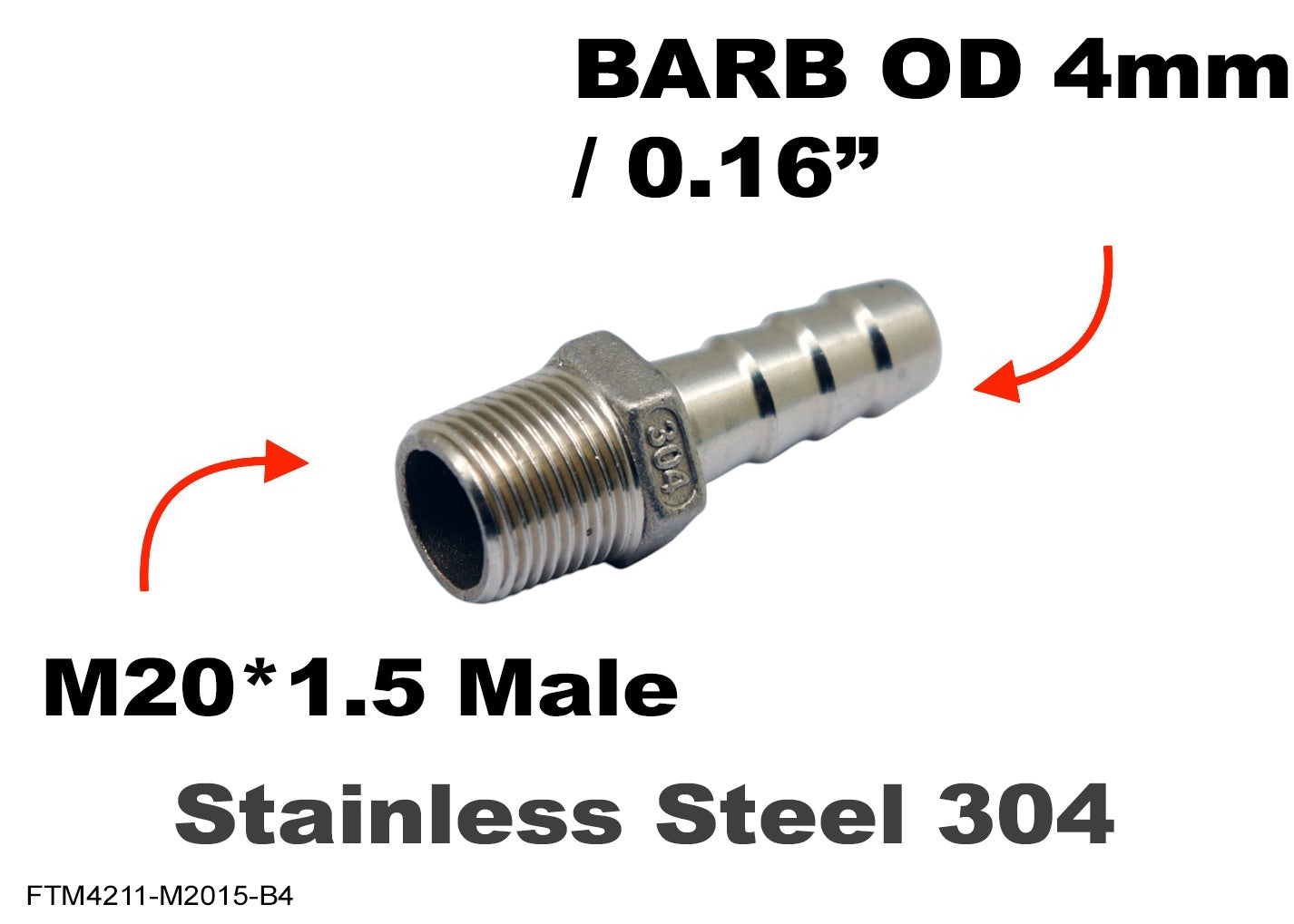 M20*1.5 MALE to BARB OD 4mm / 0.16 inch  Stainless Tail Adaptor Hose