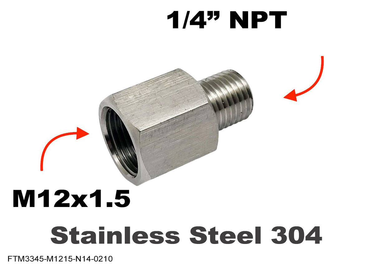 Stainless steel M12x1.5 female to 1/4 inch NPT male sensor adaptor fitting for conversion, shown in close-up image.