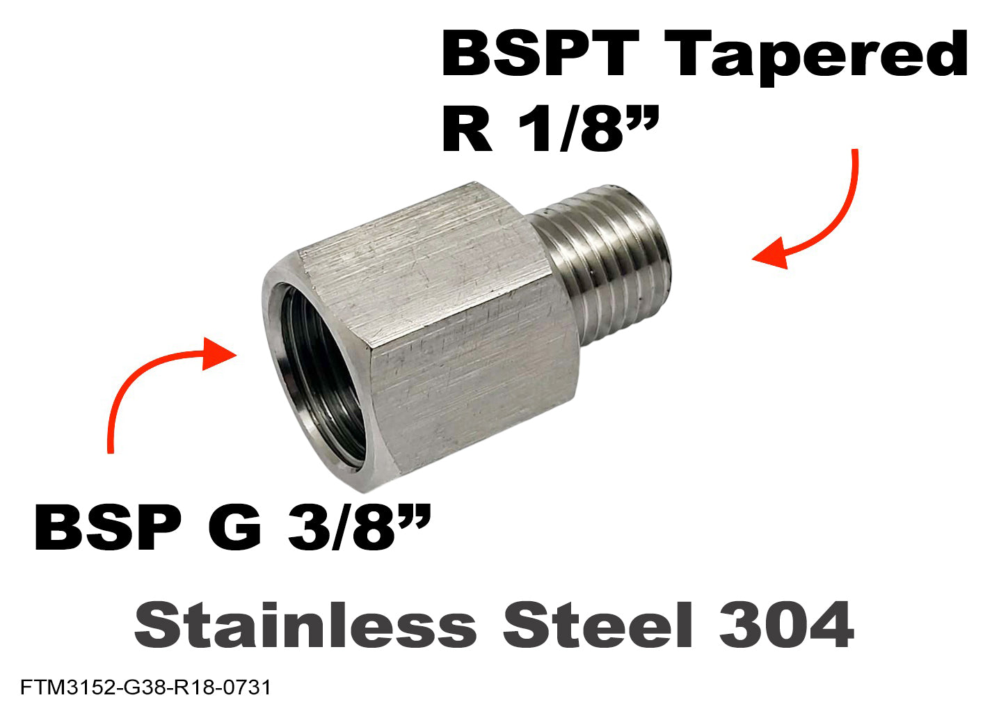 BSP G 3/8 inch Female to BSPT Tapered R 1/8 inch Male Stainless Sensor Adaptor Fittings