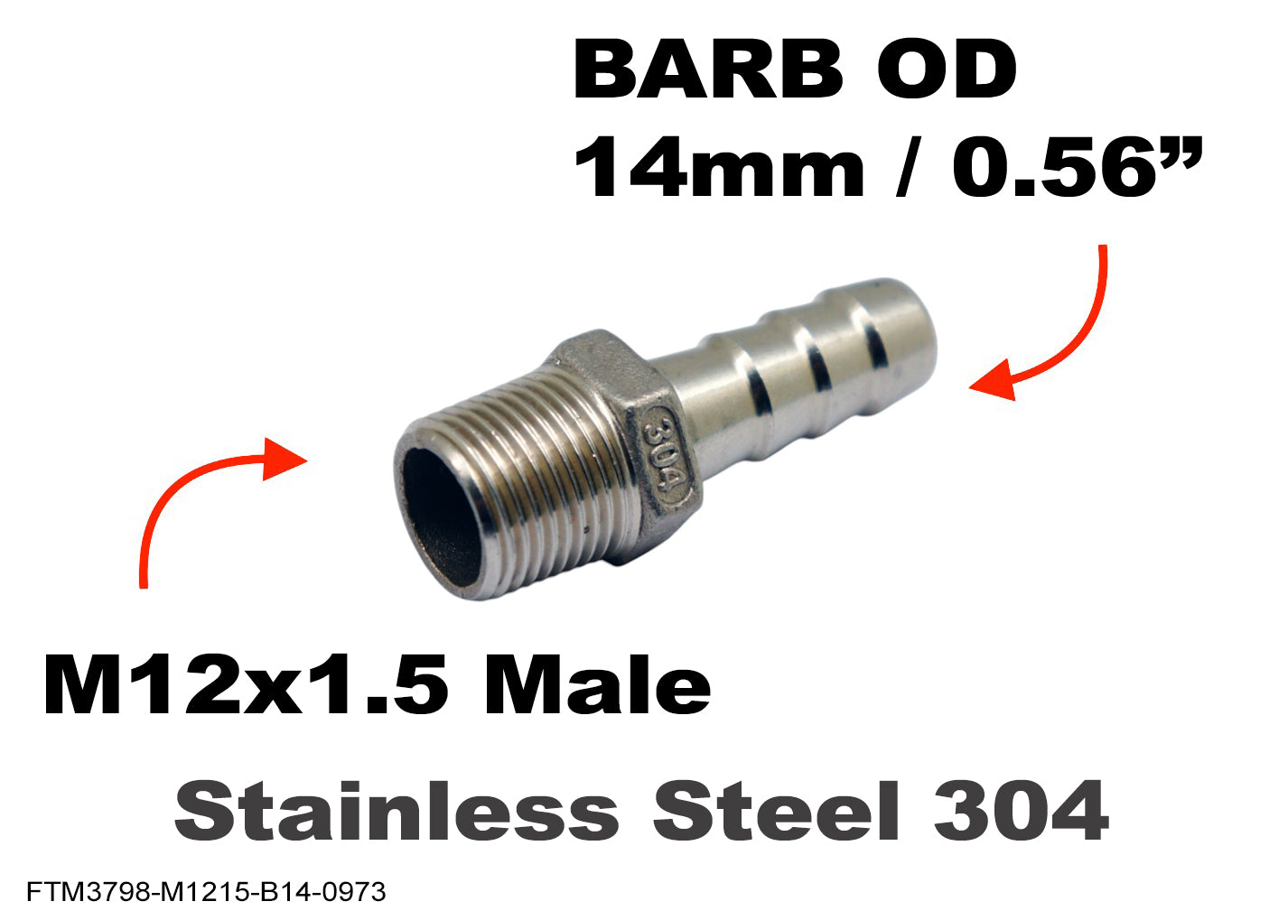 M12x1.5 Male to BARB OD 14mm / 0.56 inch Stainless Tail Adaptor Hose Connector