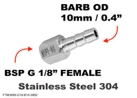 BSP G 1/8 inch FEMALE to BARB OD 10mm / 0.4 inch Stainless Tail Adaptor Hose Connector