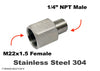 M22x1.5 FEMALE to 1/4 inch NPT MALE Stainless Sensor Adaptor Fittings Conversion
