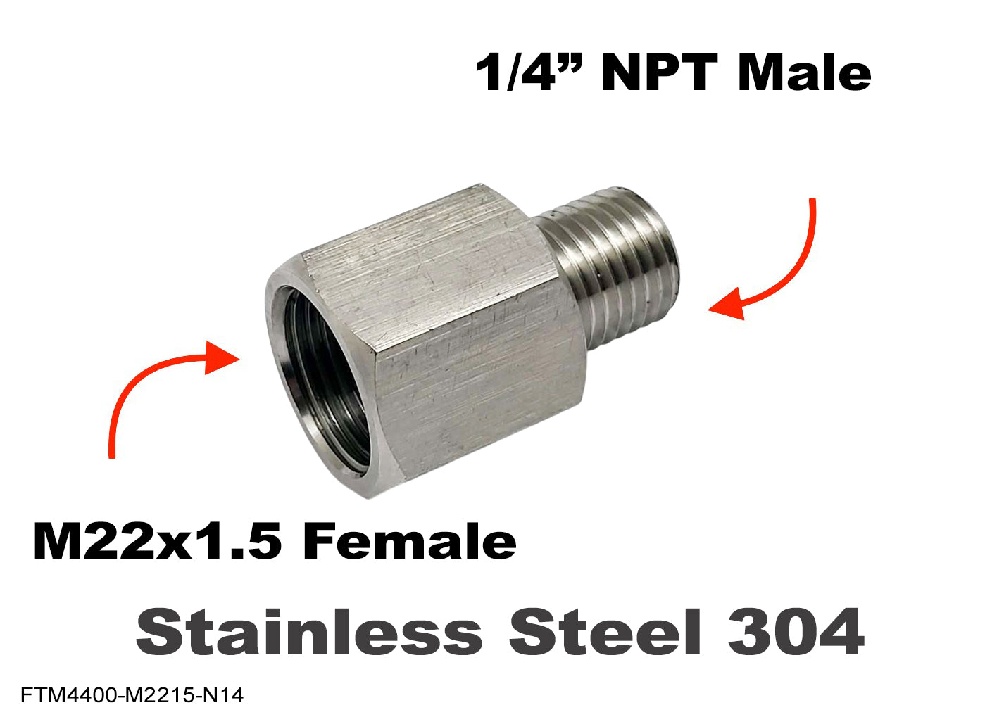 M22x1.5 FEMALE to 1/4 inch NPT MALE Stainless Sensor Adaptor Fittings Conversion