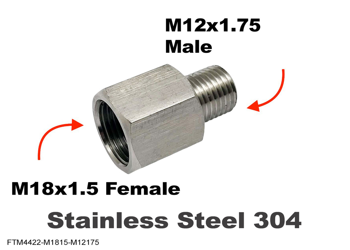 Stainless steel M18x1.5 female to M12x1.75 male sensor adaptor fitting for vehicle conversions, by MC Motoparts.