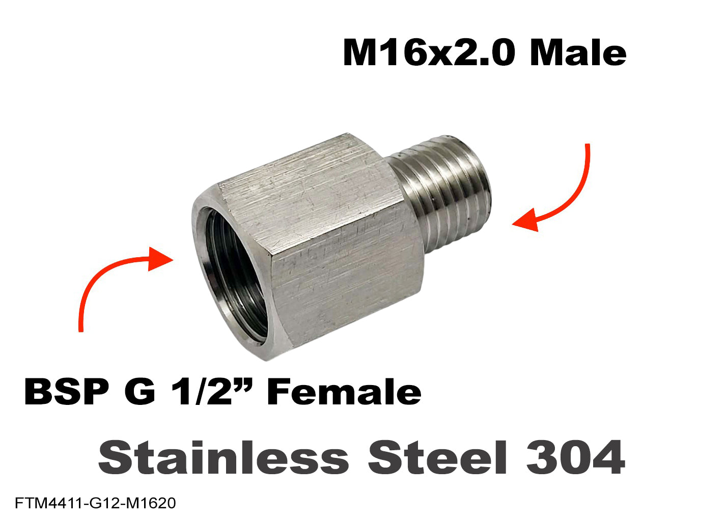 BSP G 1/2 inch FEMALE to M16x2.0 MALE Stainless Sensor Adaptor Fittings Conversion