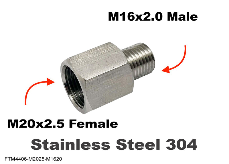 M20x2.5 FEMALE to M16x2.0 MALE Stainless Sensor Adaptor Fittings Conversion