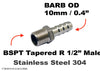 BSPT Tapered R 1/2 inch Male to BARB OD 10mm / 0.4 inch Stainless Tail Adaptor Hose