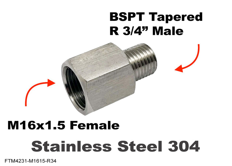 M16x1.5 Female to BSPT Tapered R 3/4 inch Male Stainless Sensor Adaptor Fittings