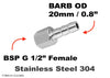 BSP G 1/2 inch FEMALE to BARB OD 20mm / 0.8 inch  Stainless Tail Adaptor Hose