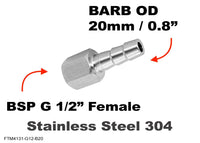 BSP G 1/2 inch FEMALE to BARB OD 20mm / 0.8 inch  Stainless Tail Adaptor Hose