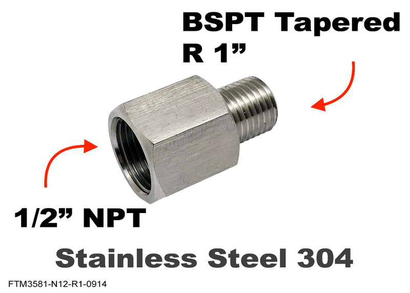 1/2 inch NPT Female to BSPT Tapered R 1 inch Male Stainless Sensor Adaptor Fittings