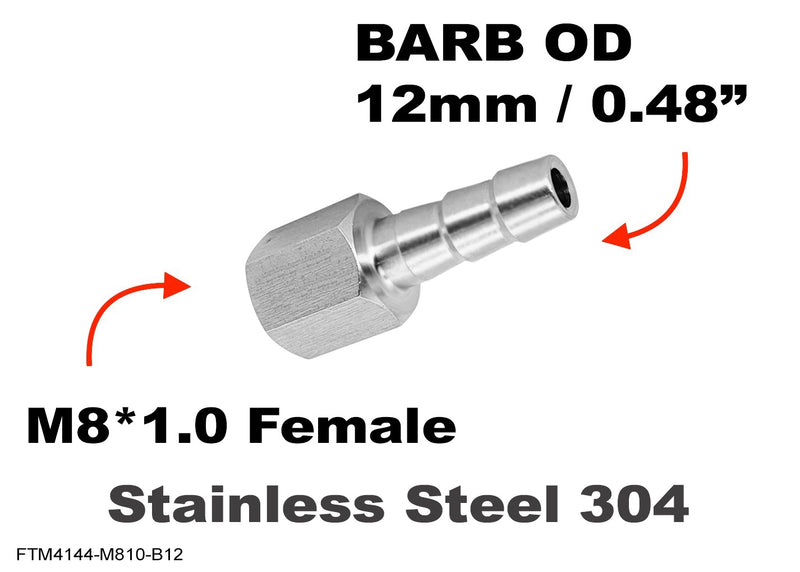 M8*1.0 FEMALE to BARB OD 12mm / 0.48 inch  Stainless Tail Adaptor Hose Connector