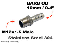 M12x1.5 Male to BARB OD 10mm / 0.4 inch Stainless Tail Adaptor Hose Connector
